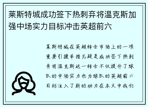 莱斯特城成功签下热刺弃将温克斯加强中场实力目标冲击英超前六